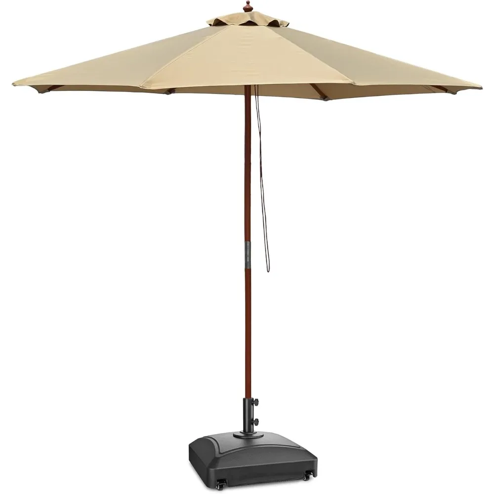 

9ft Solid Wood Outdoor Patio Umbrella with Base Fillable Included Parasol Weighted Wheels Stand Furniture for Bistro Market