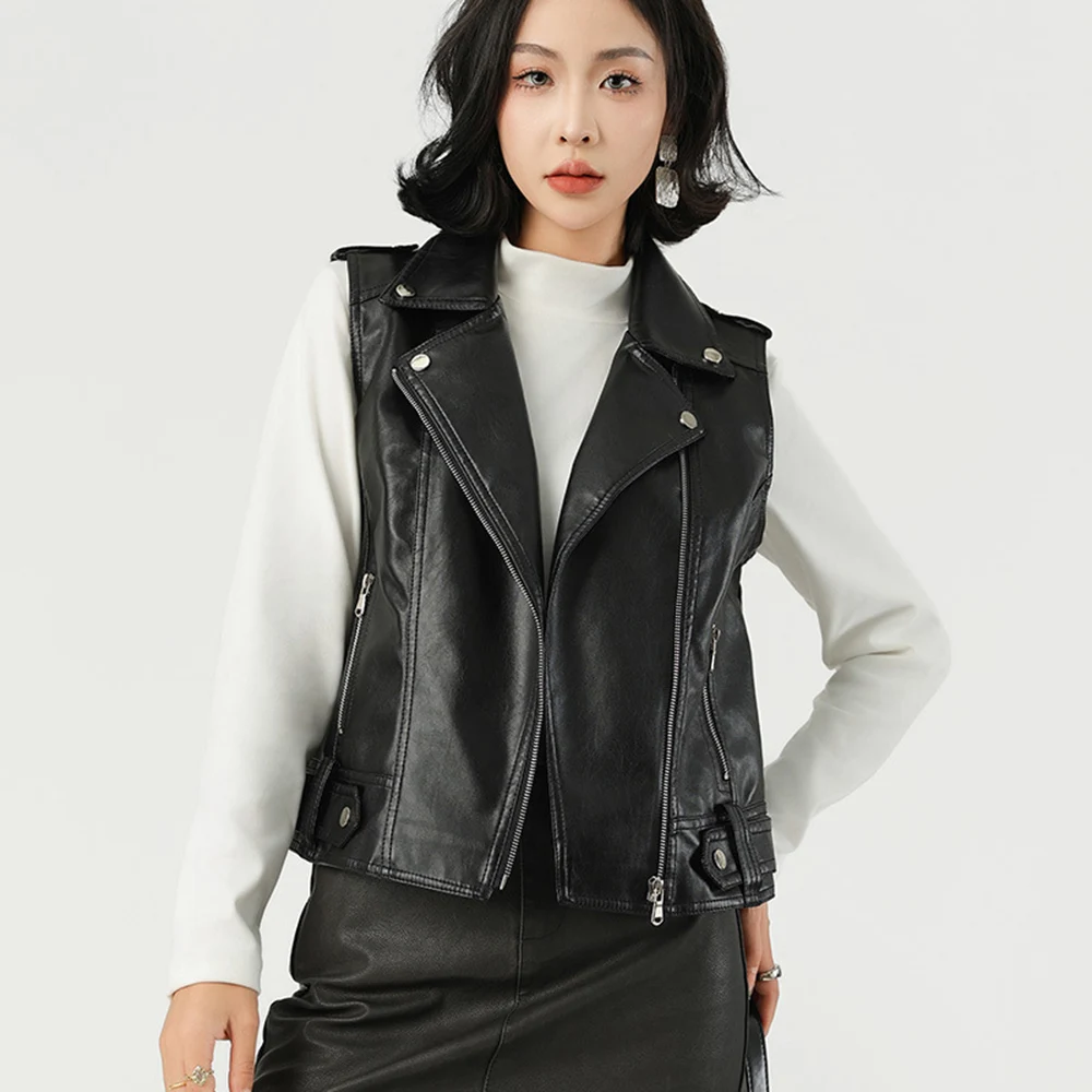 Fashion Suit Collar PU Leather Vest New Versatile Spot Delivery European American Zipper Design Style Women's Turn-down Jacket