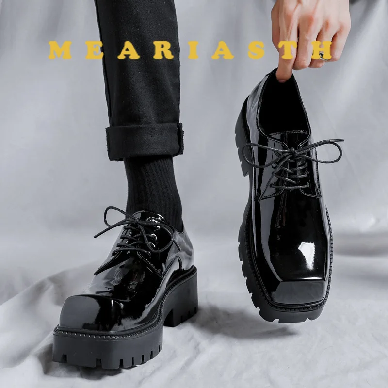 

Мужские роскошные модные туфли с квадратным носком, вечерние платья для ночного клуба, черные трендовые лакированные туфли, молодежная джентльменская обувь, chaussure