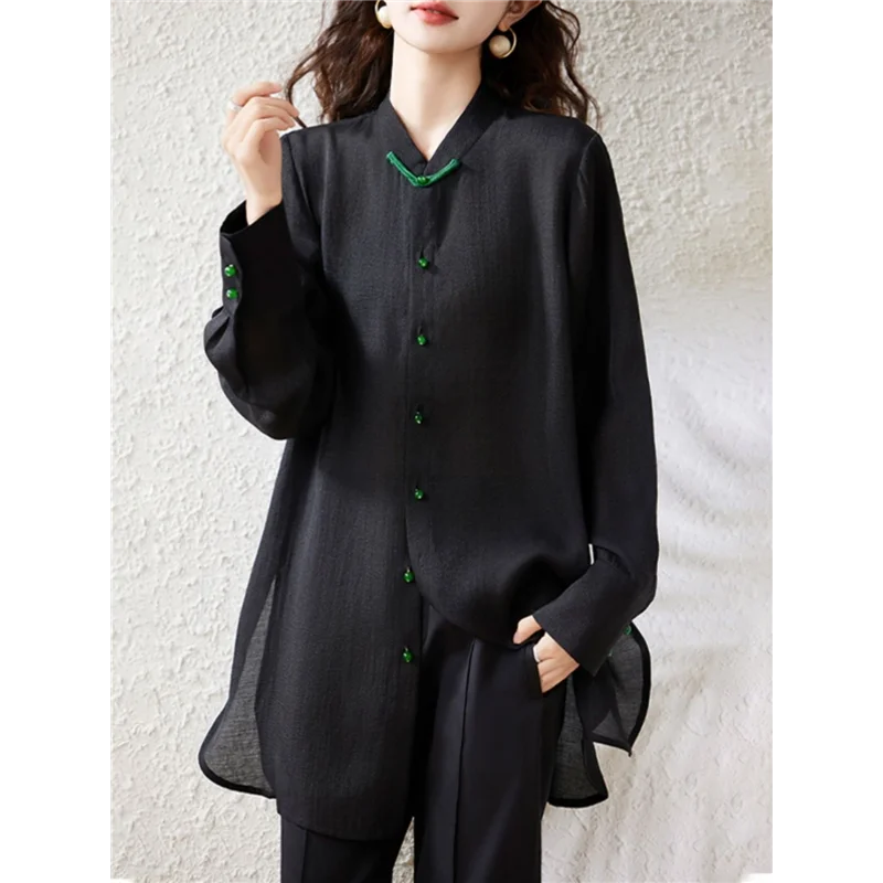 

New Chinese Style Black Long Sleeve Shirt Women Loose Fit Autumn Early Season High Sensation Big Size Slimming Top