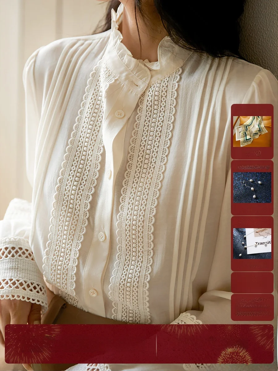 

Champs-Elysees Court Sle Acetate irt with Wood ain Ruffle Collar Women's Commute Sle Long Sve Breathable Spring Au...