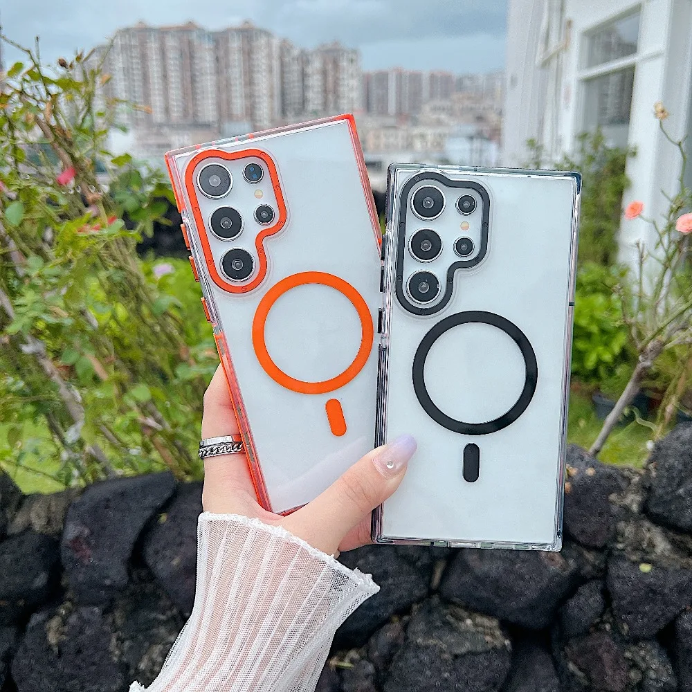 

Металлический чехол с цветной рамкой для камеры Samsung Galaxy S25 FE S24 Ultra S23 Plus S22 S21 Magsafe с магнитной беспроводной зарядкой, прозрачная крышка