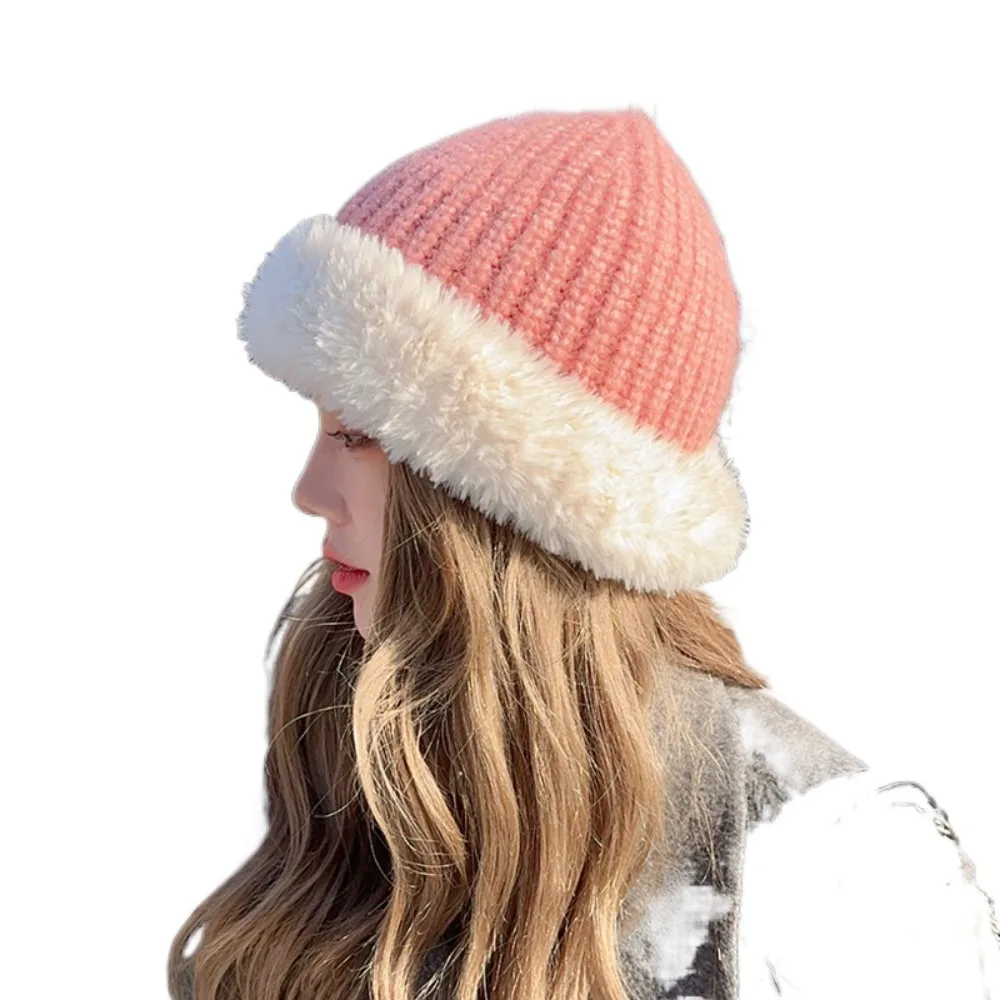 Sweet Versatile Bucket Hat Large Head Circumference Splicing Warm White Plush Hat Thickened Warm Knitted Wool Hat Women