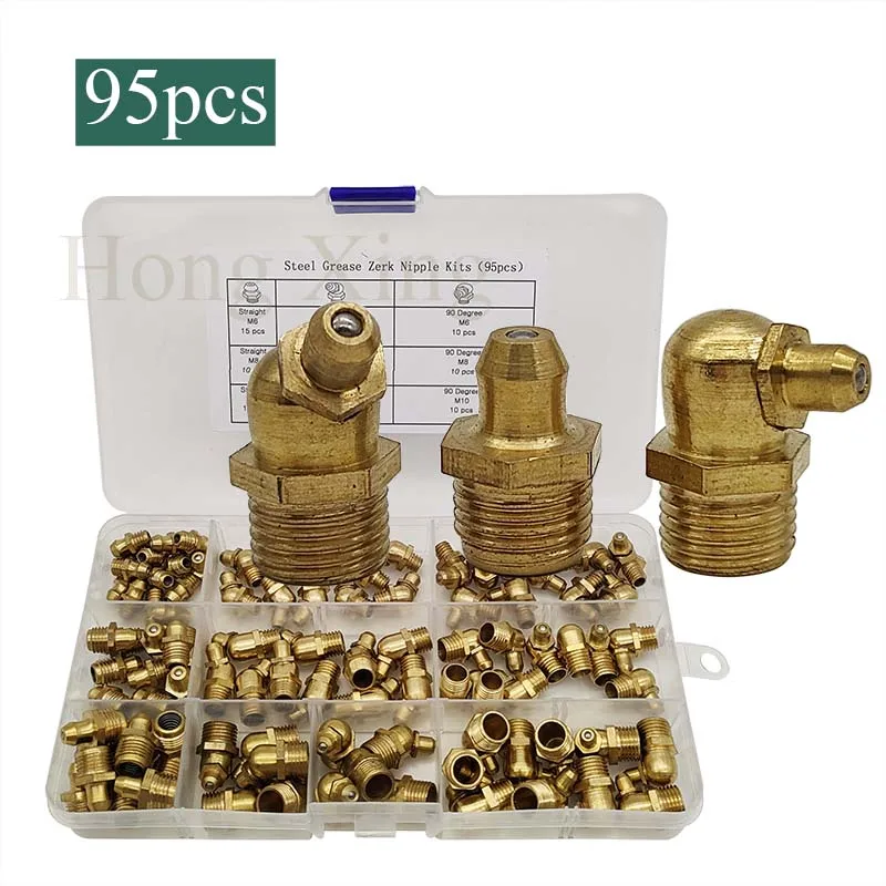 95pcs/Set Brass Hydraulic Grease Fitting Replacdement, Brass Grease Zerk M6 M8 M10