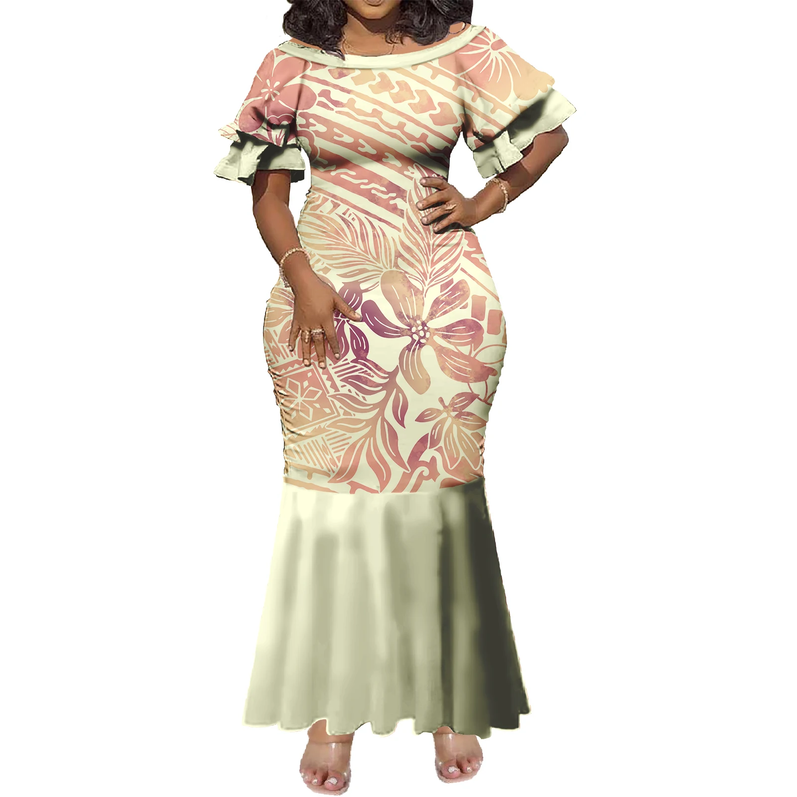 Venta caliente Logotipo personalizado Mangas de doble capa Ropa de vacaciones en la playa Señoras polinesias Ropa hawaiana informal Vestidos tribales samoanos