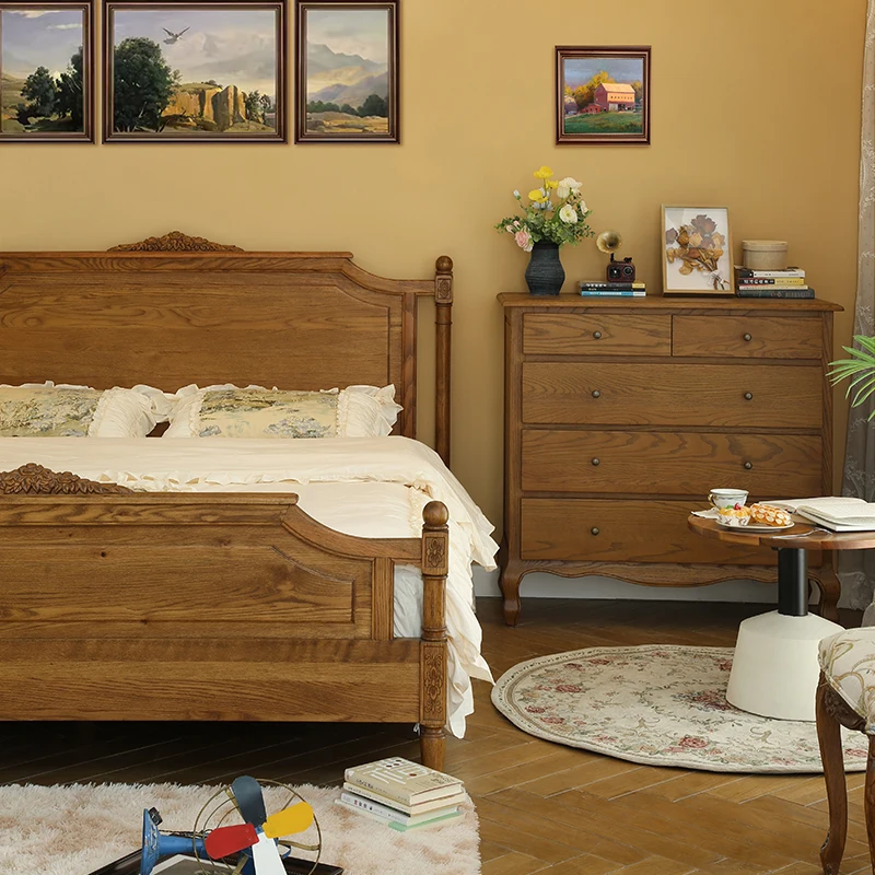 French all solid wood queen bed American country oak master bedroom wedding bed with sensor light retro single double princess b
