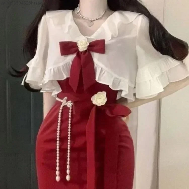 

2025 New Two Piece Sets Vintage Mid-length Slim Waist Bodycon Camisole Dresses+ Long Sleeve Loose Sun Protection Tops Women