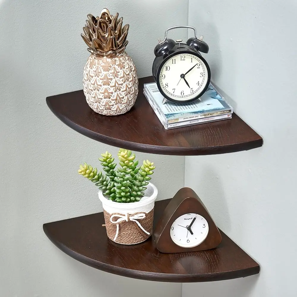 

Corner Shelves, Floating Corner Shelf, Set Of 2 10Inch Solid Oak Wood Corner Wall Shelves, Round End With Wire Hole For Small