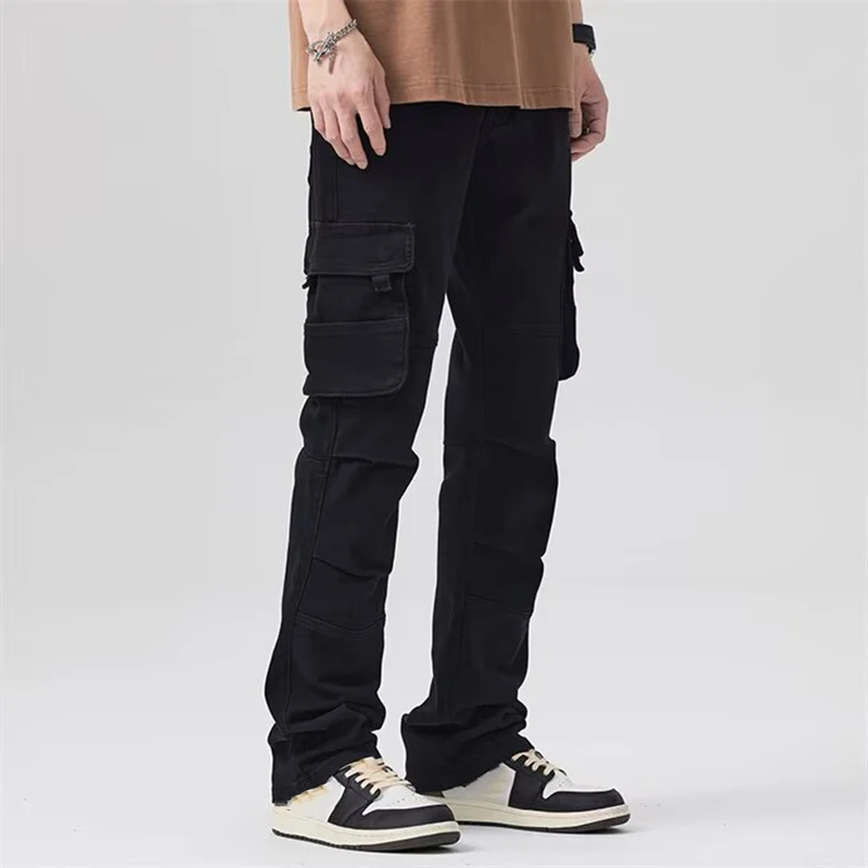 New Men Fashion Street Black Goth Jeans Male Multi Pockets Design Denim Pants Classic American Straight Leg Cargo Denim Trousers