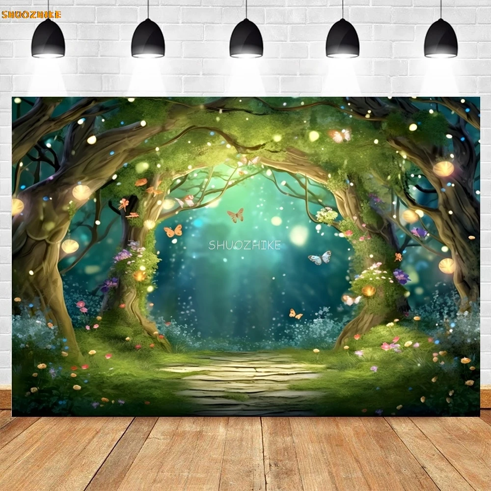 Fairy Tale Forest Photography Backdrop Wonderland Dreamy Jungle Mushroom for Baby Birthday Party Portrait Photo Background Props