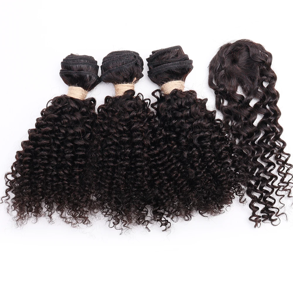 Ombre Kinky Curly Bundles With Closure Natural Human Hair Bundles Short Brazilian Hair Bundles With Circular Closure