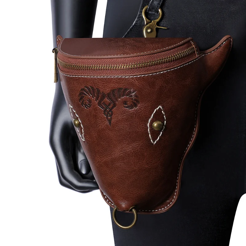 Viking Style Waist Bag Waterproof PU Leather Durable Retro Embossed Pouch for Motorcyclists Adjustable Belt Vintage Knight Purse