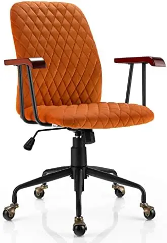 Home Office Desk Chair Orange, Vintage Adjustable Swivel Rolling Chair with Copper Wheels & Armrest, Mid Century Leisure Chair,