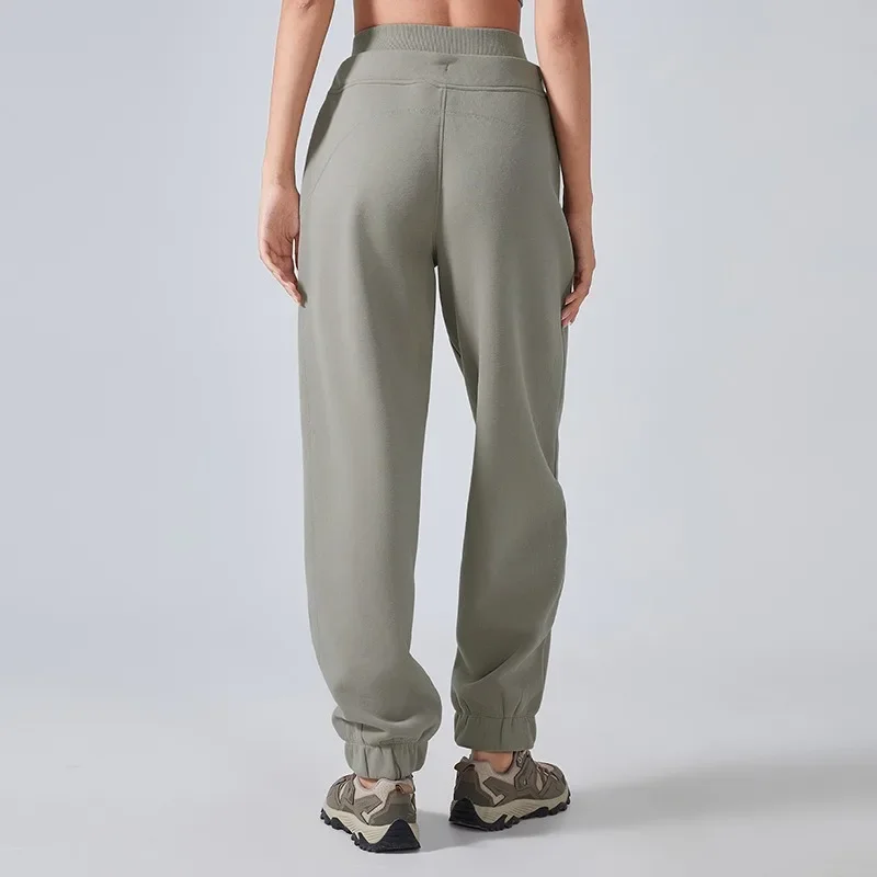 Lemon-pantalones de chándal de cintura alta para mujer, pantalones deportivos gruesos y holgados de felpa, faja de doble cintura, ropa para correr, Otoño e Invierno