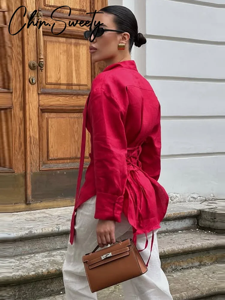 Casual Lace Up frauen Hemd Taille-Geschlossen Volle Hülse Taste Drehen-unten Kragen Dame Bluse 2026 frühling Chic Weibliche Straße Top Neue