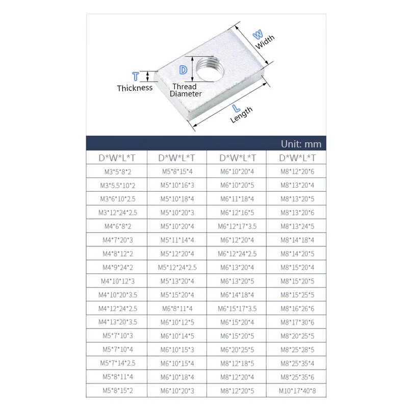 Square Nut M3 M4 M5 M6 M8 M10 Rectangular Nuts Thin Slider Block Slider Block for Aluminum Profile Accessory 2-100pcs