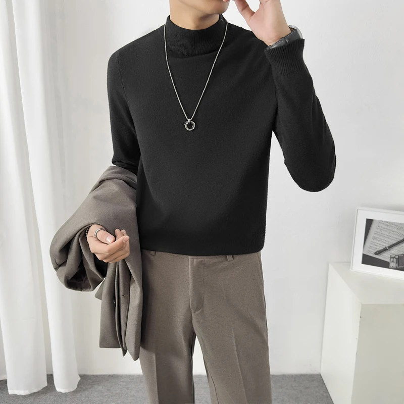 

2024 Men Autumn Winter Fashion Cashmere Knitted Tops Male Half High Collar Warm Pullovers Men's Solid Color Sweater Jumpers I754