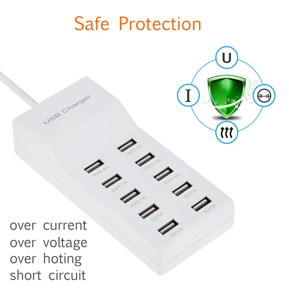 GRWIBEOU 10 USB Charger Station Splitter 60W Mobile Phone Charger HUB Smart IC Charge Universal for iPhone ipad Samsung MP3