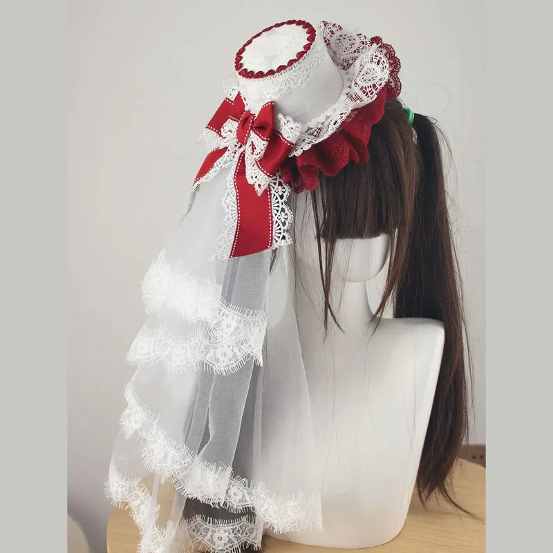 ロリータ弓レースベールシルクハットゴシック小さな帽子女の子コスプレ帽子レトロファッションコスチュームアクセサリーパーティー写真小道具