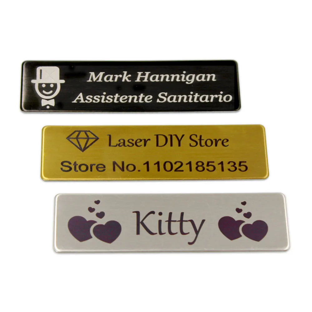 Broches personalizables de 70x20MM, Pin personalizado con grabado de su logotipo de texto, placa de identificación comercial, etiqueta de Metal de acero, insignias de nombre personalizadas