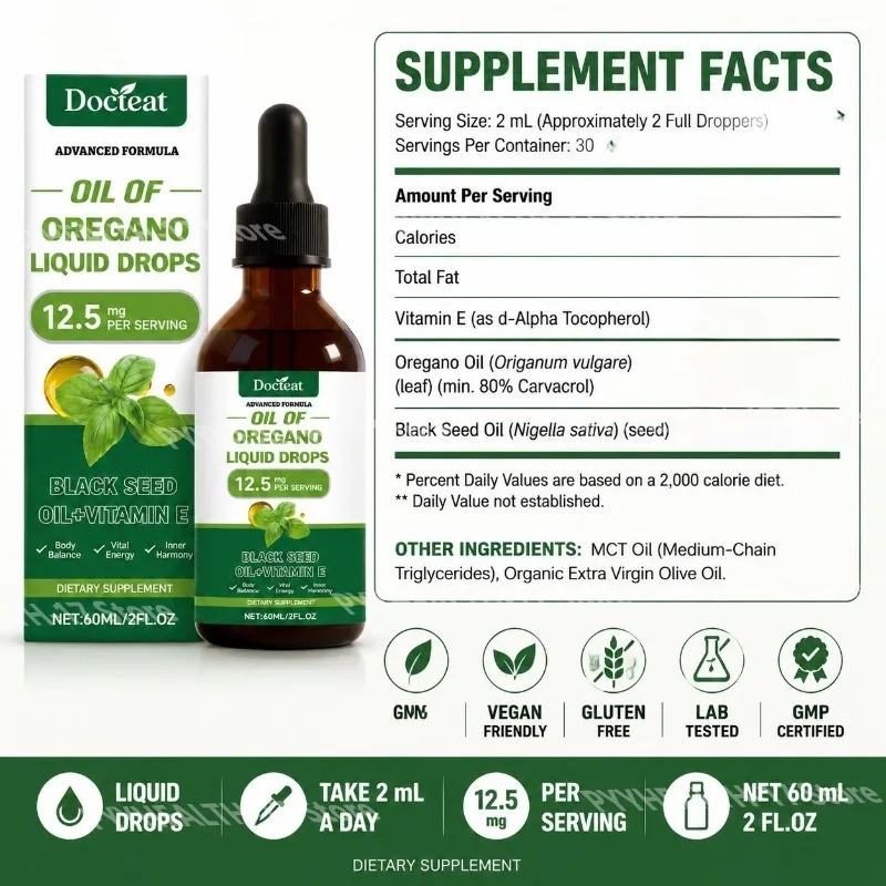Docteat Oregano Oil Liquid Drops with Black Seed Oil and Vitamin E Antioxidant Support Gastrointestinal Comfort Support 60 ML