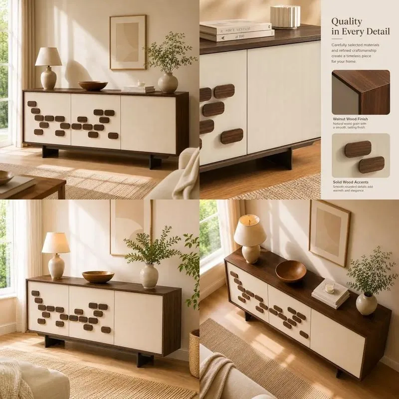 Modern Wooden Side Cabinet with Decorative Recessed Doors and Ample Storage Space for Living Room or Bedroom Organization