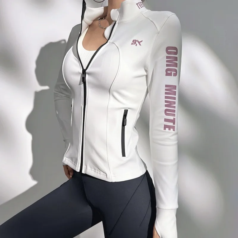 Bright Brave Arm Letter Sports Short Jacket for Women Spring Autumn Stand Collar Slim Fit Coats New White Running Cycling Jacket