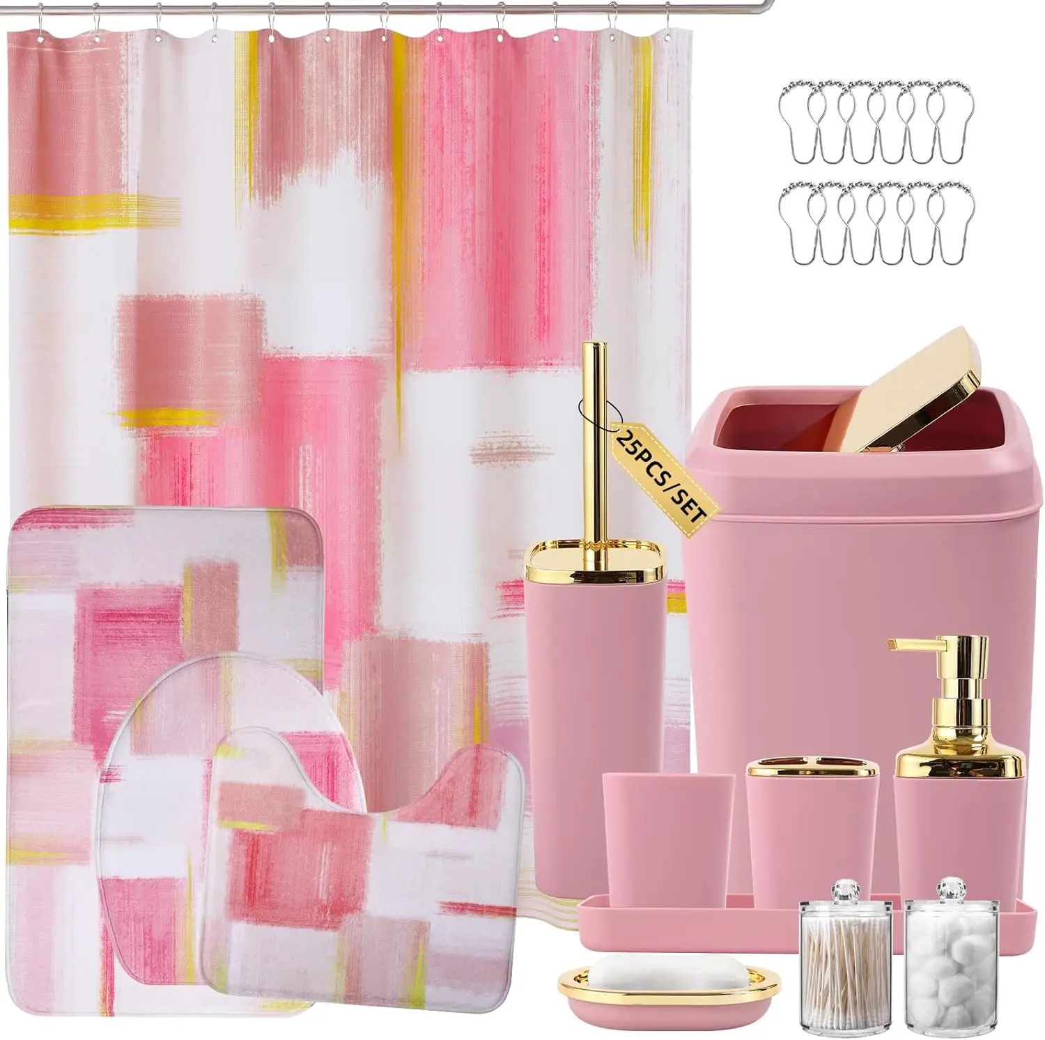 

Pink and Gold Bathroom Set with Shower Curtain, Rugs, Trash Can, Soap Dispenser for Home Decor