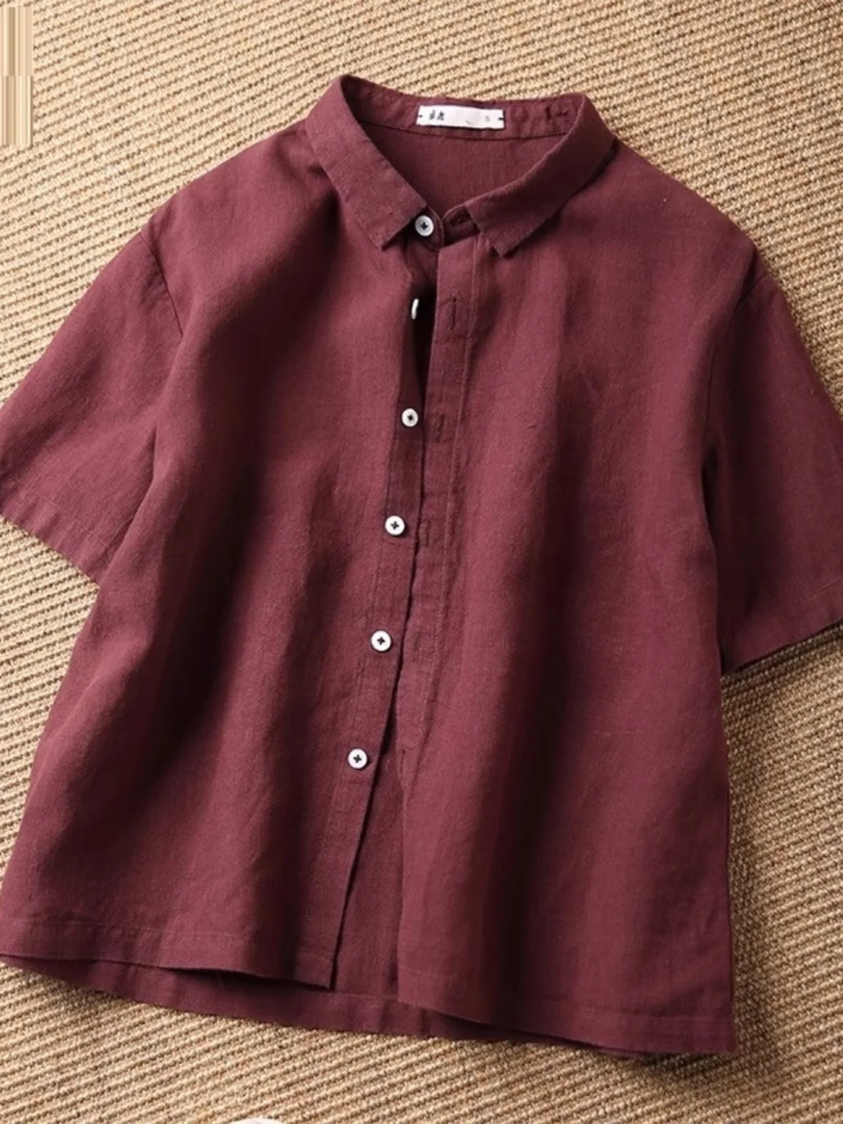 Retro Linen Short Sleeve Shirt Women's Short Length Versatile Turn-down Collar Top Thin Style Commute Fashion Small Size Frie...