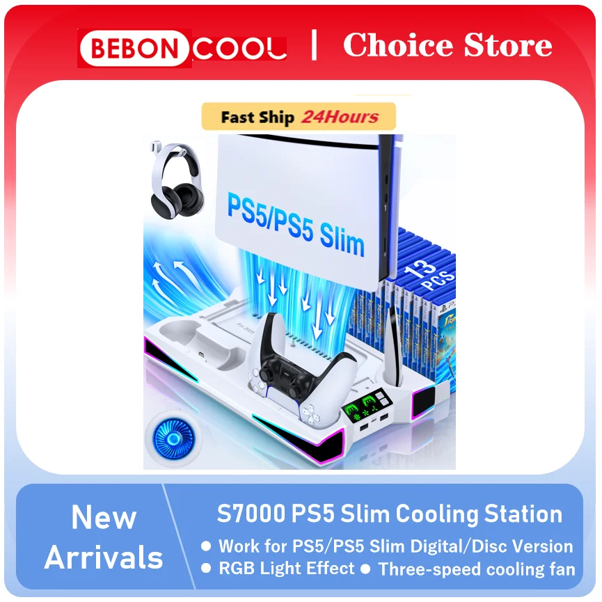 BEBONCOOL S7000 For PS5/PS5 Slim Digital/Dics RGB Cooling Stand Dual Fast Charging Dock For PlayStation 5 Cooling Station