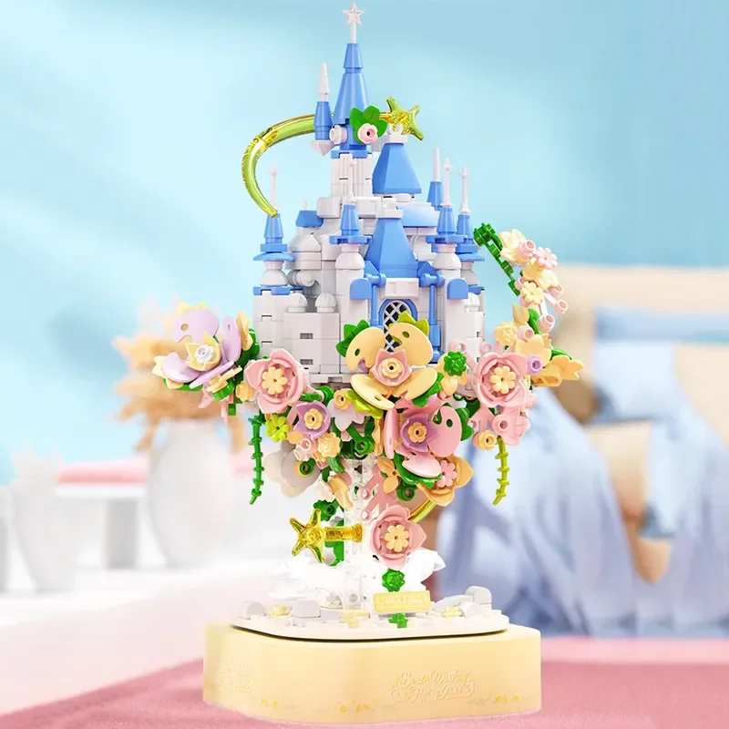 Creative Flower Castle Hanging Garden Music Box With Led Lights Model Building Blocks MOC Bricks Decoration Toys Valentine Gift