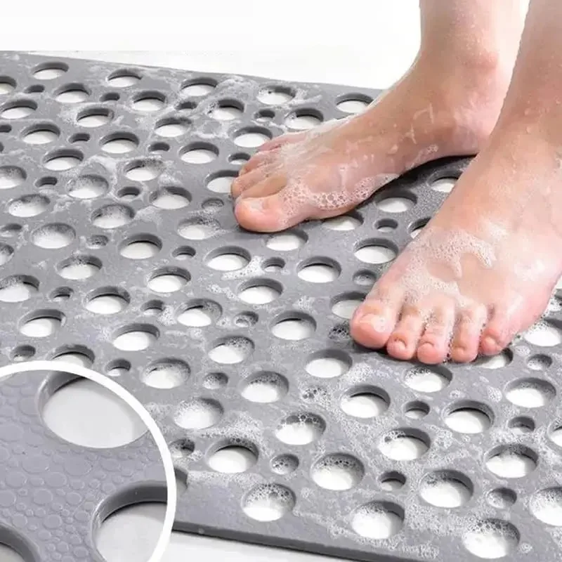 Anti-Slip Rubber Shower Floor Mat, Drainage Hole Bath Mat with Heavy-Duty Suction Cups, Washable Bathtub Mat for Bathroom