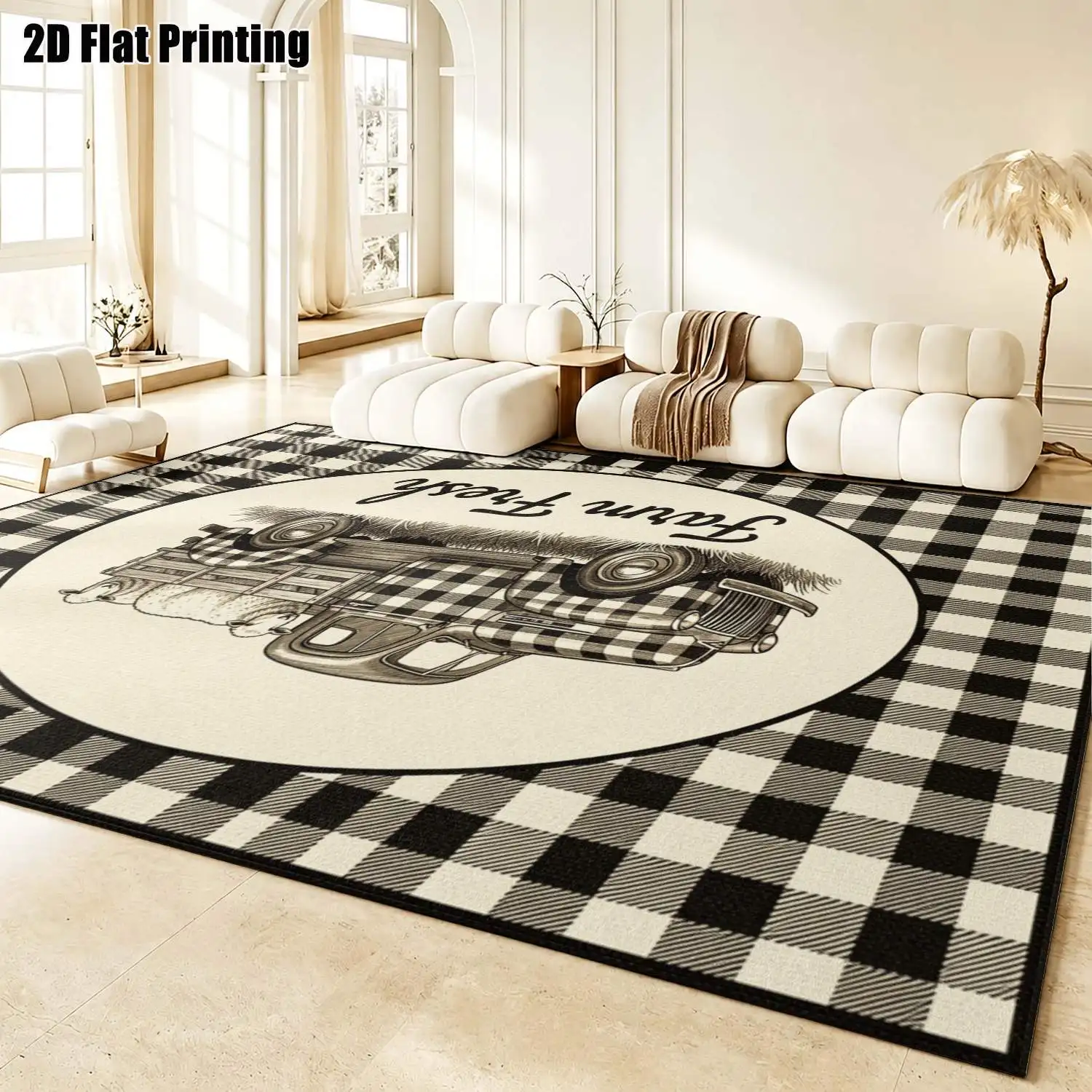 1Pc 2D Printed Checkered Truck Pattern Vintage European Geometric Striped Carpet, Washable, Multi-Size, Suitable for Home Decor as a Door Mat, Dining Area Rug, Foyer Rug, Bedroom Rug, Living Room Rug