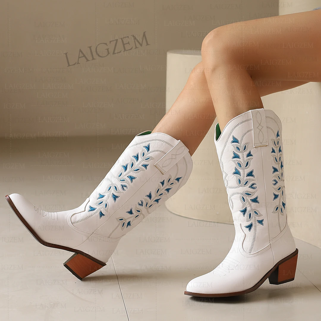 

LAIGZEM Women Calf Boots Pull On 6cm Block High Heel Pull On Western Cow Girl Boots Faux Leather Shoes Woman Big Size 38 43 48