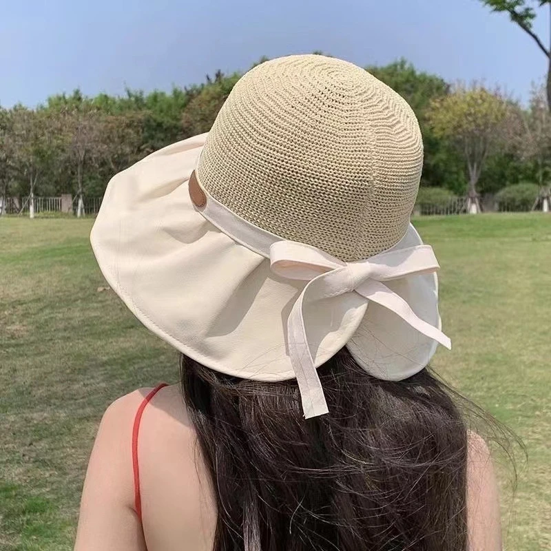 

Summer Women's Wide Brim Sun Hat Foldable Crochet Bucket Hat UV Beach Hat with Bow for Outdoor Travel