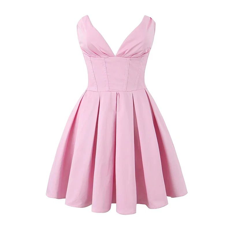 

YENKYE Sexy Elegant Women Pink Corset Strapless Dress Deep V Pleated Hem Summer Female Party Mini Dresses Birthday Robe Pretty