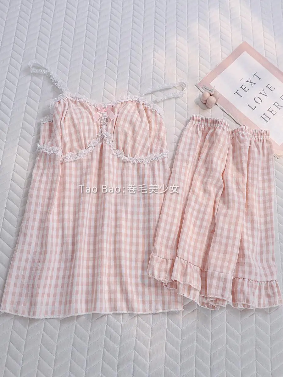 Summer New Japanese Original Sweet Princess Style Suspender Pajamas Set Cute Girl Lace with Chest Pad Loungewear