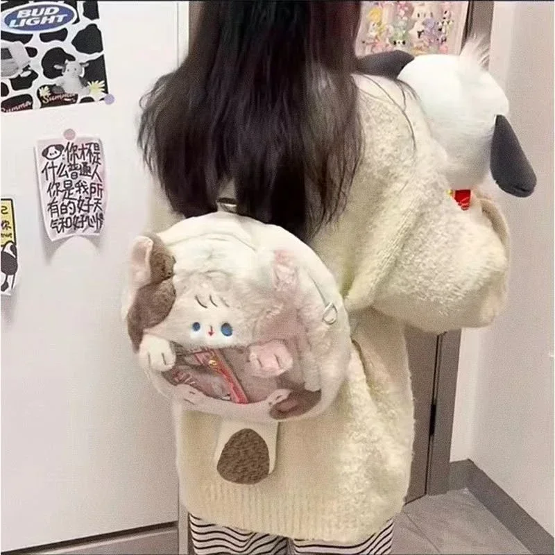 Xiuya Plush Cat Womens Shoulder Bag Fluffy Cute Japanese Fashion College Style Backpack Kawaii All-match Female Crossbody Bag image 2