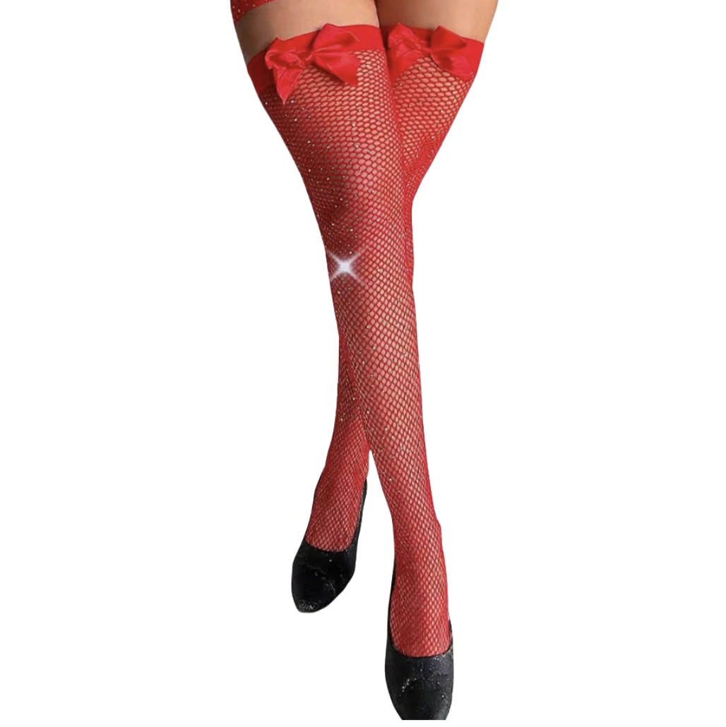 Calcetines de fiesta brillantes, medias altas hasta el muslo con lazo rojo y negro, lencería Sexy para mujer, ropa de rejilla para discoteca, medias de mujer