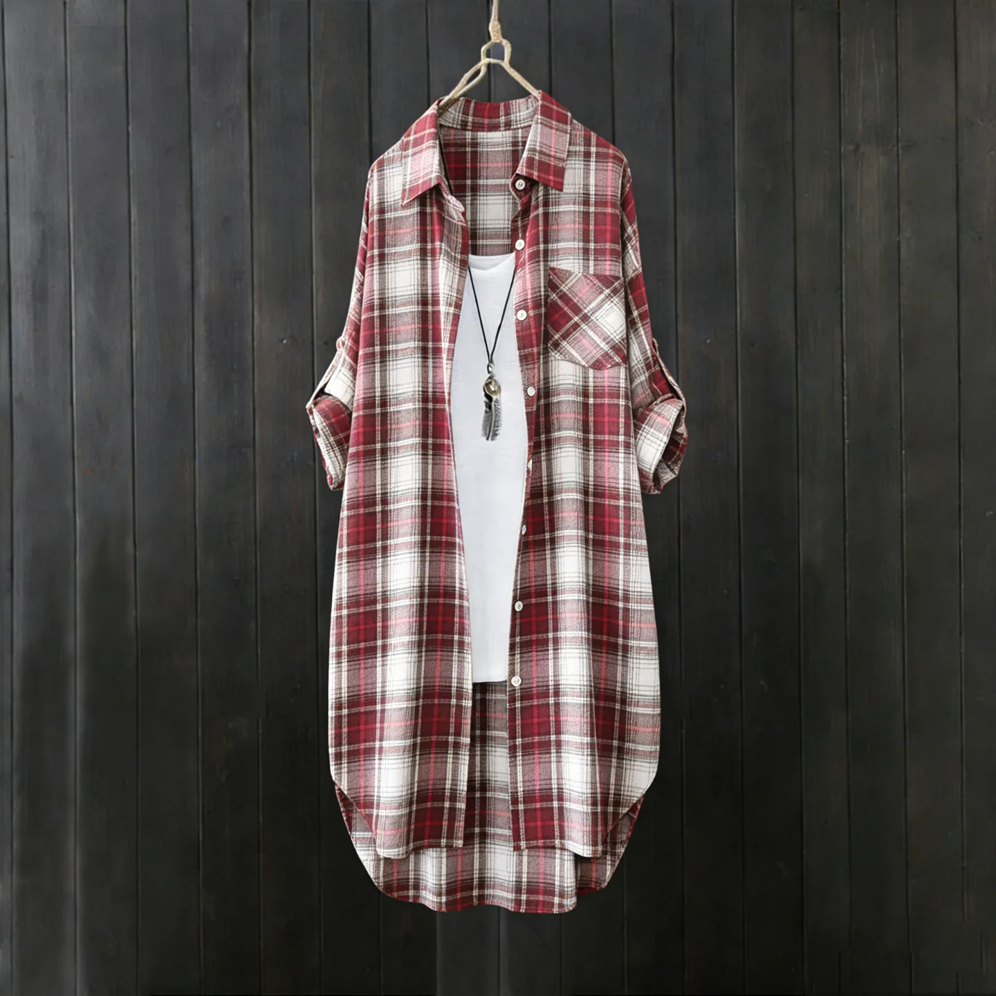

Красная клетчатая рубашка-куртка женская, длинная, весенне-летняя, с длинными рукавами, свободного кроя, прикрывающая бедра, повседневный кардиган-топ, женская рубашка