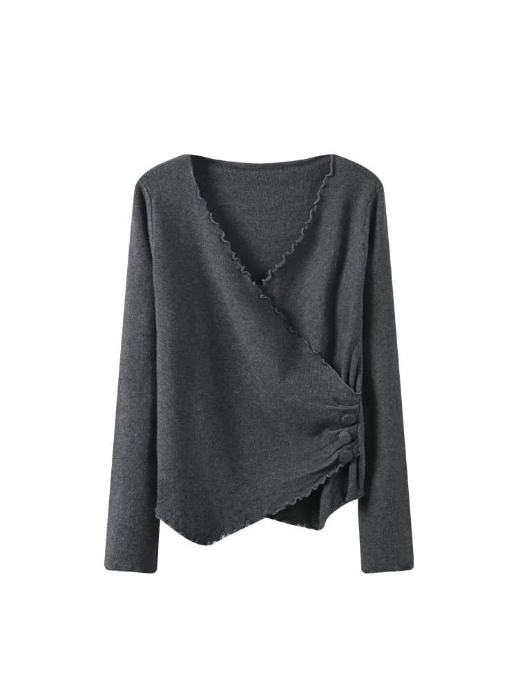 Plus Size Damen-Langarmshirt mit V-Ausschnitt und Spitzenbesatz, schlankmachendes Design, vielseitige Innenbekleidung, Herbst-Top, Polyesterfaser