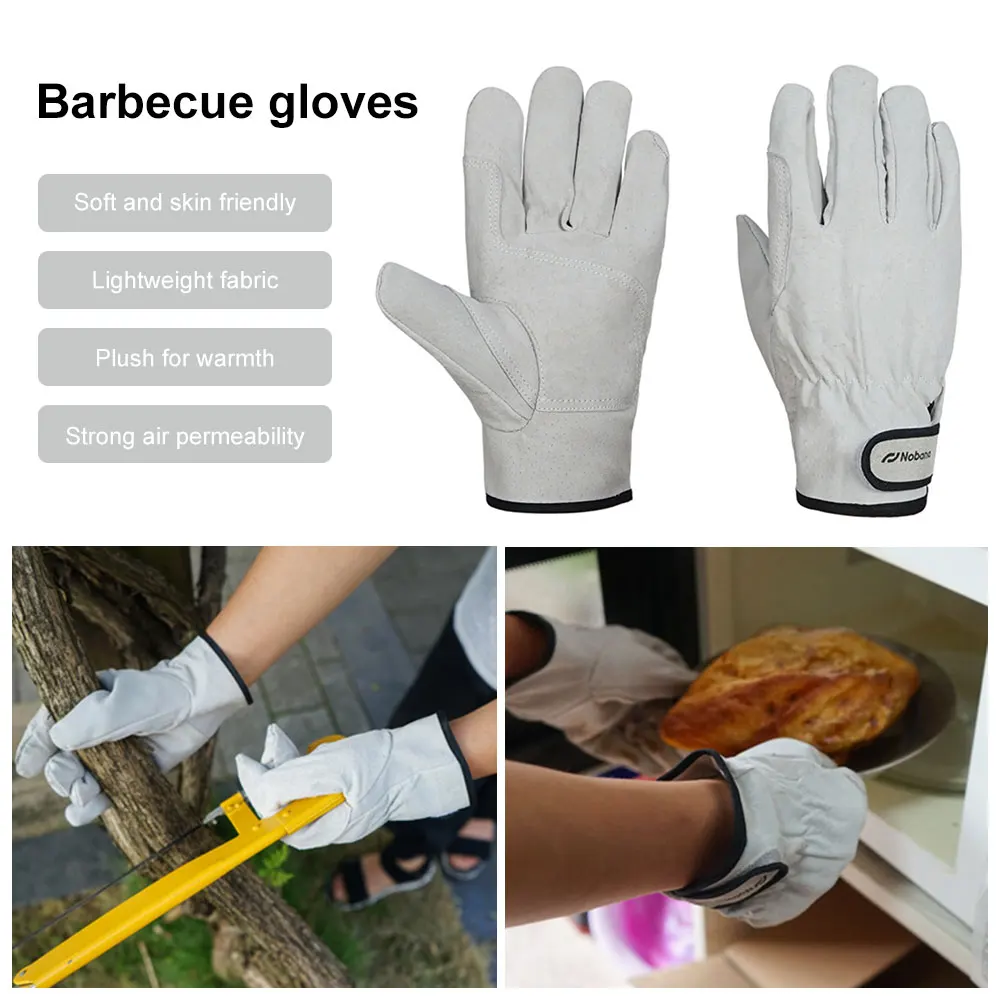 1Pair Two Layers Leather Outdoor BBQ Gloves Fire Heat Resistant Kitchen Cooking Oven Mitts Anti Slip Hard Wearing Clamping Glove