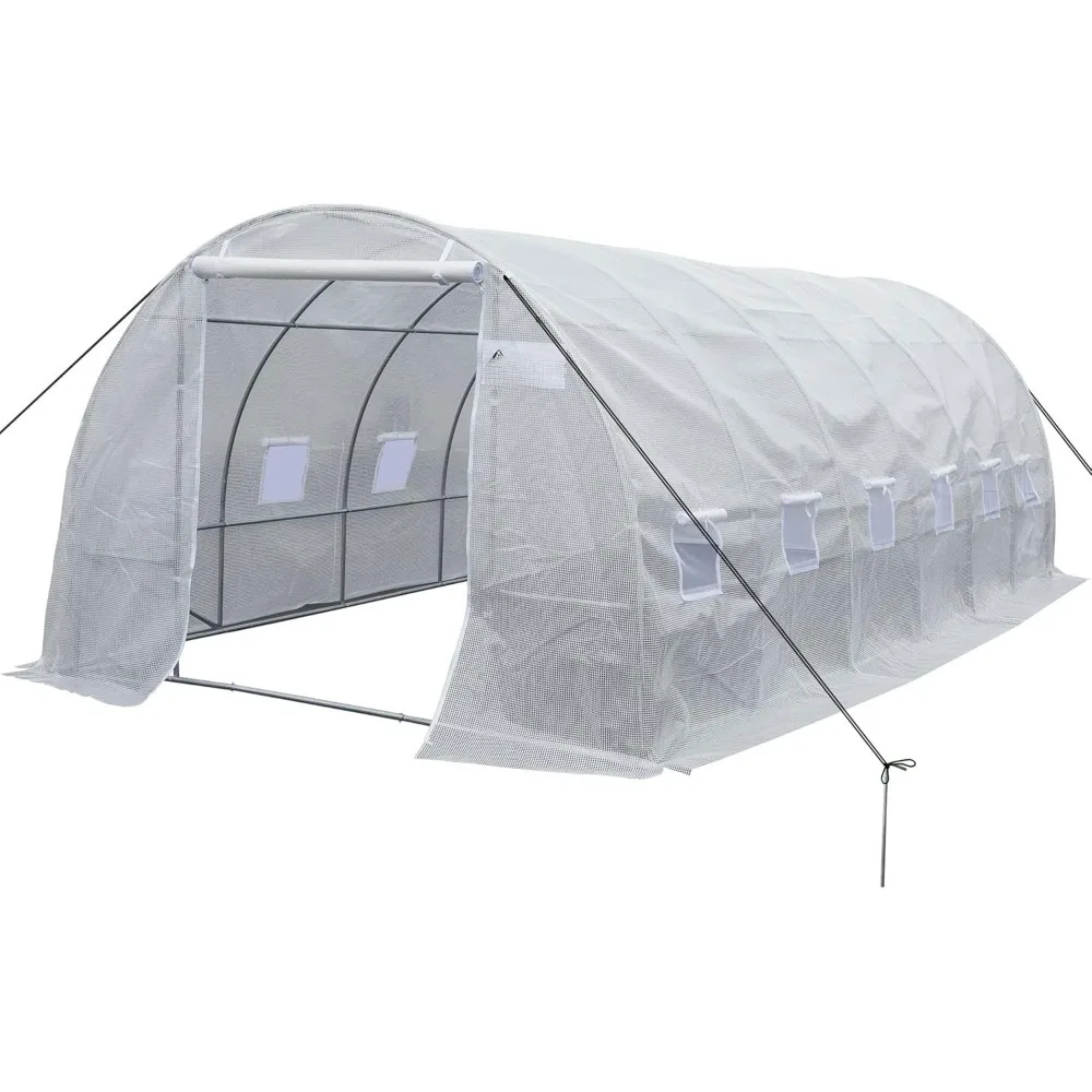 

20'x10'x7' Greenhouses Heavy Duty Large Walk-in Tunnel, Galvanized Steel Stake Ropes Zipper Door 7 Crossbars, Hothouse