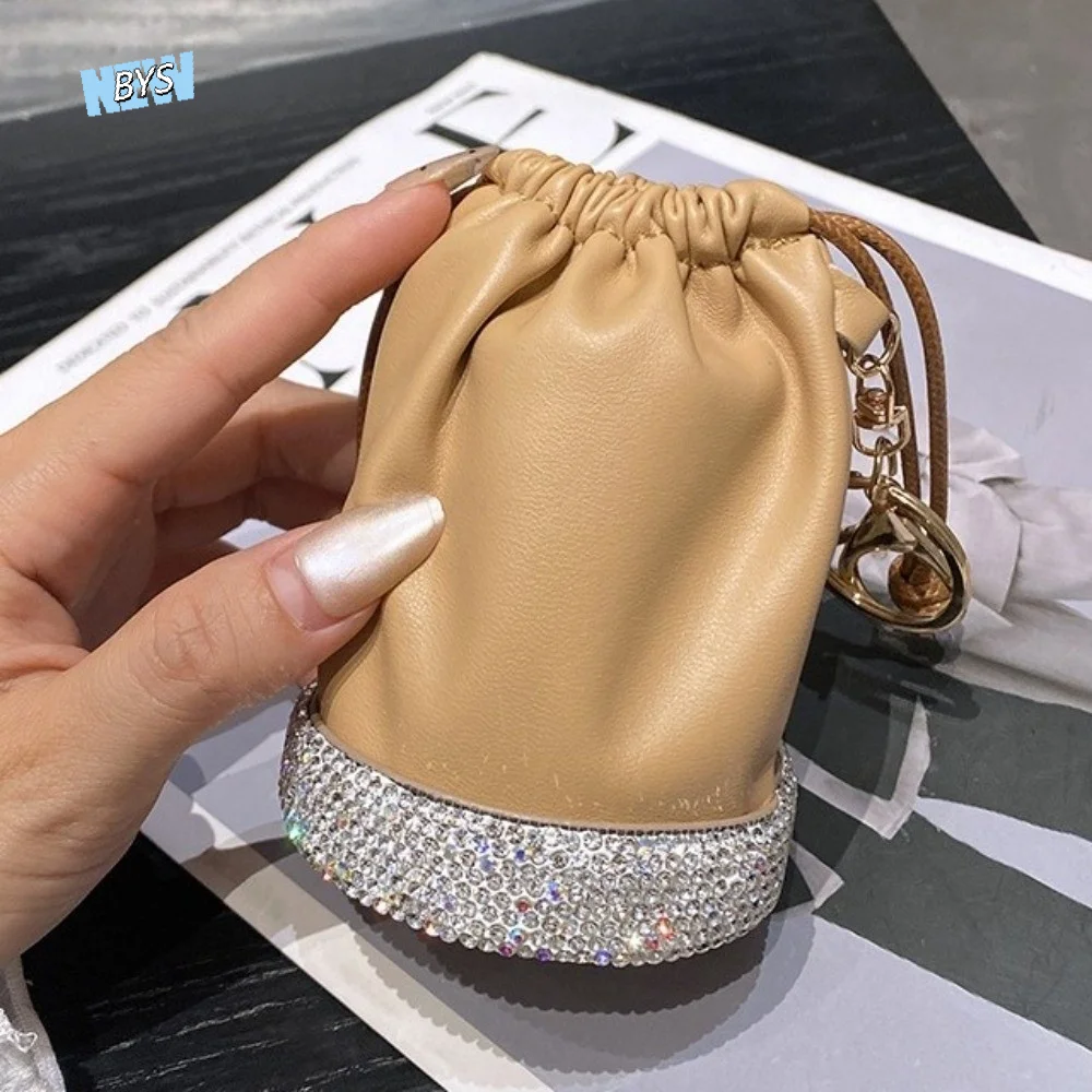 

Light Luxury Bucket Coin Purse Wax Rope Versatile Design Drawstring Mini Handbag with Keychain Lipstick Bag Earphone Storage Bag