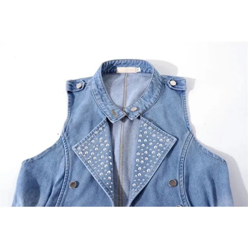 2025 Vintage Blue Rivet Stand Collar Denim Vest Women Slim Short Cowboy Waistcoat Summer Sleeveless Jeans Jacket Female Outwear