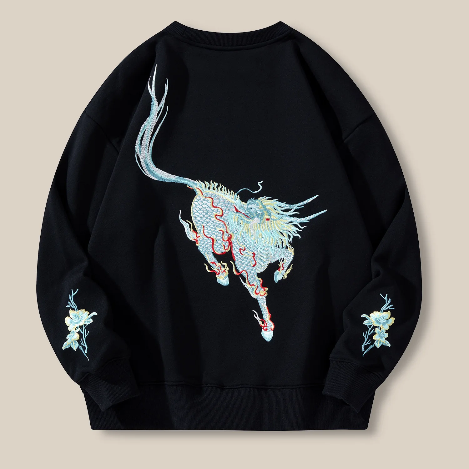 Embroidery Unicorn Chinese Style Sweatshirt For Men Loose Casual Autumn New Quality Cotton Tide Brand Pullovers Luxury Sudaderas