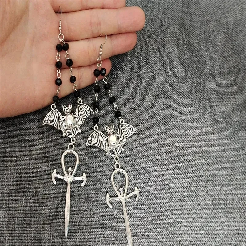 Vampire Bat Cross Earrings,AnkhBlack Crystal Dangle Earring,Occult Gothic Jewelry Gifts