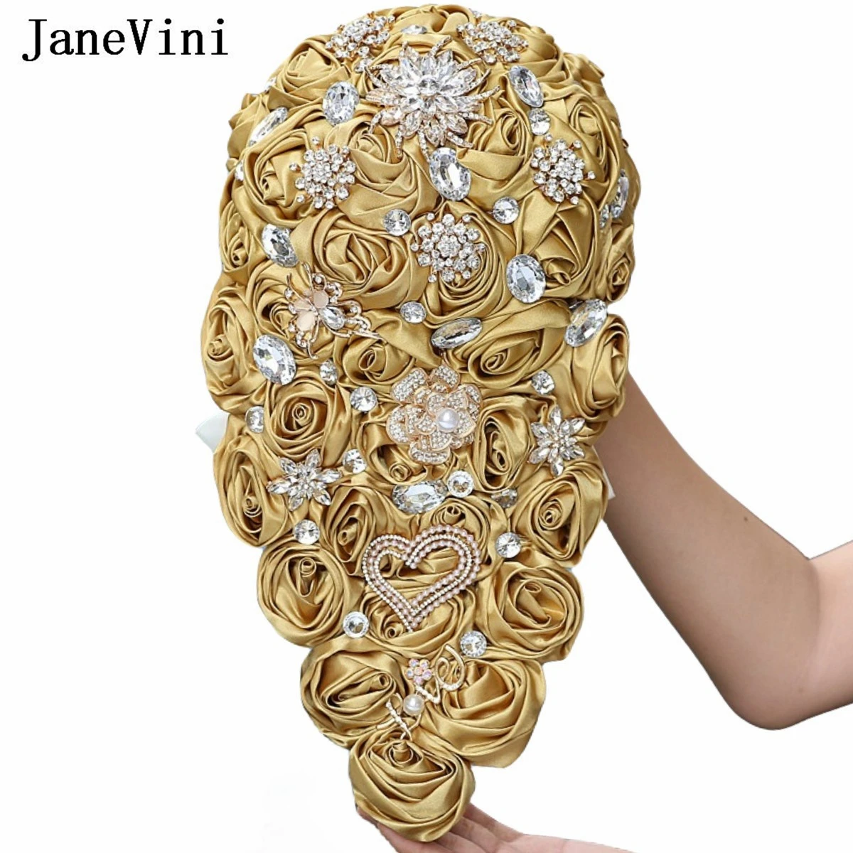 

JaneVini Luxurious Gold Waterfall Wedding Bouquet for Bride Bridesmaid Bling Rhinestone Crystal Cascading Bridal Satin Flowers