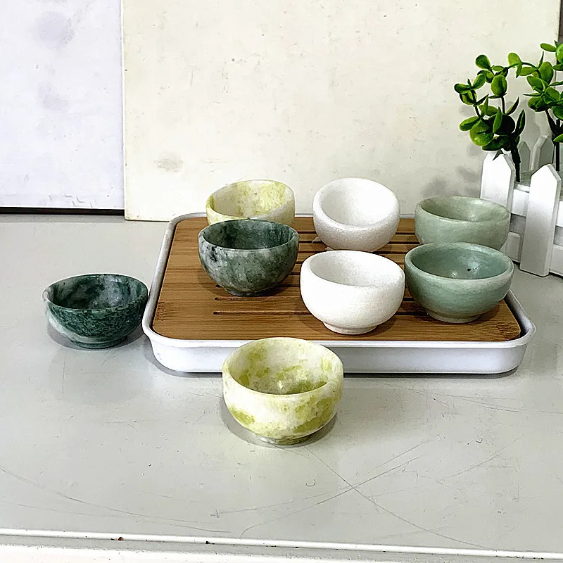 2pcs Natural Stone Jade Crystal Carving Bowl Home Decoration And Tea table Ornaments Minerales Energy Supplement