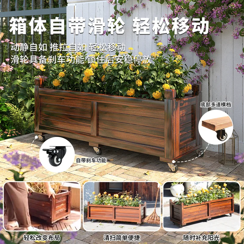 Preservative wood flower box, movable outdoor courtyard balcony for growing vegetables, flower pot with wheels rectangular